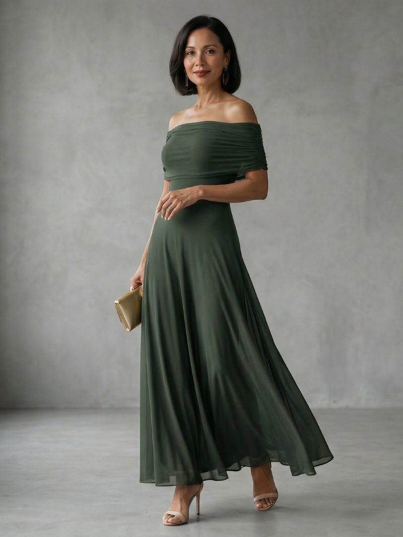 Junie | Robe Midi Drapée Épaules Dénudées