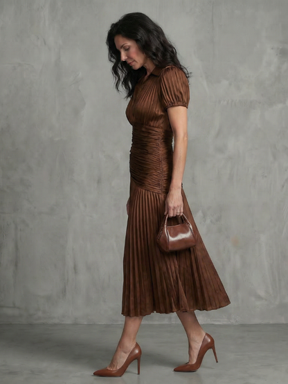 Théodora | Robe Midi Rayée à Taille Plissée