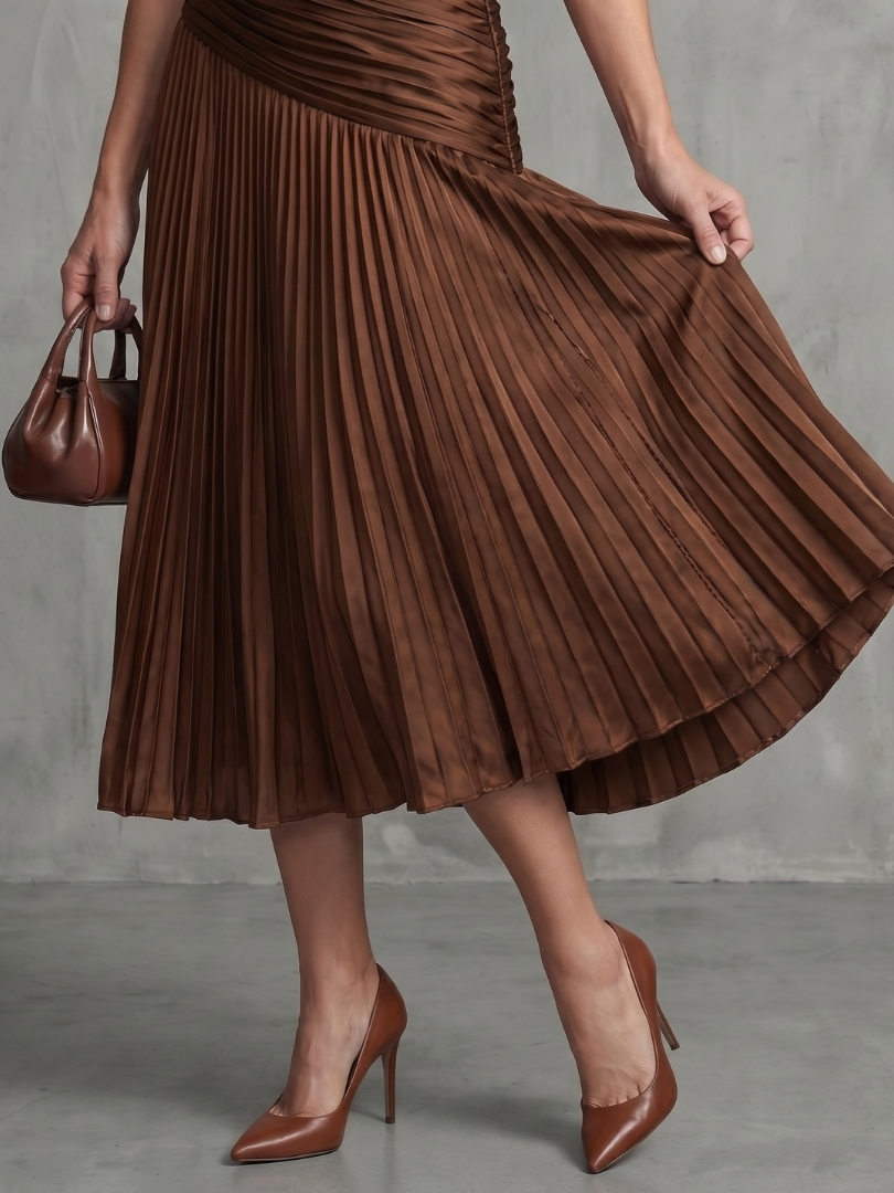 Théodora | Robe Midi Rayée à Taille Plissée