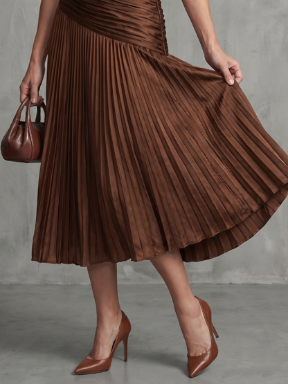 Théodora | Robe Midi Rayée à Taille Plissée