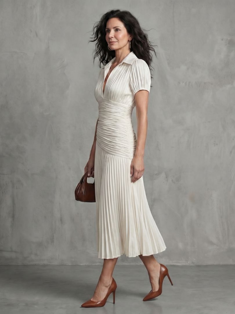 Théodora | Robe Midi Rayée à Taille Plissée