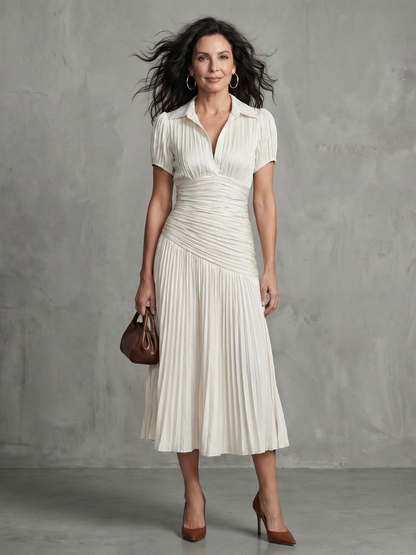 Théodora | Robe Midi Rayée à Taille Plissée