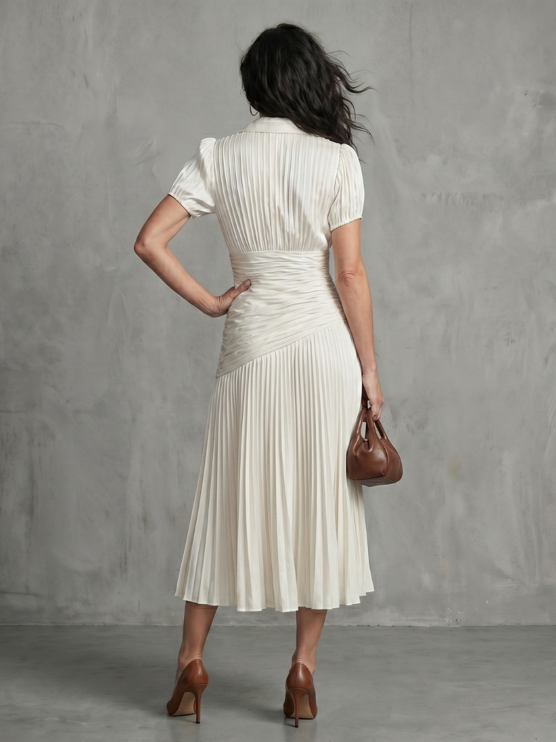 Théodora | Robe Midi Rayée à Taille Plissée
