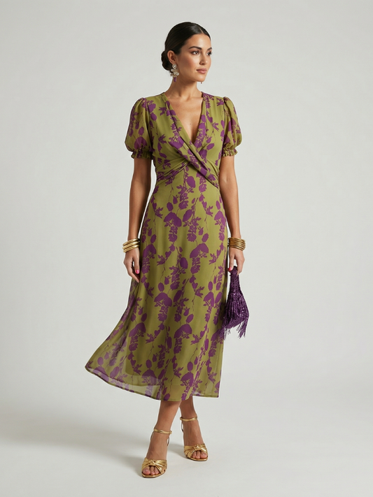 Vérene | Robe Midi Fleurie Portefeuille Détendue