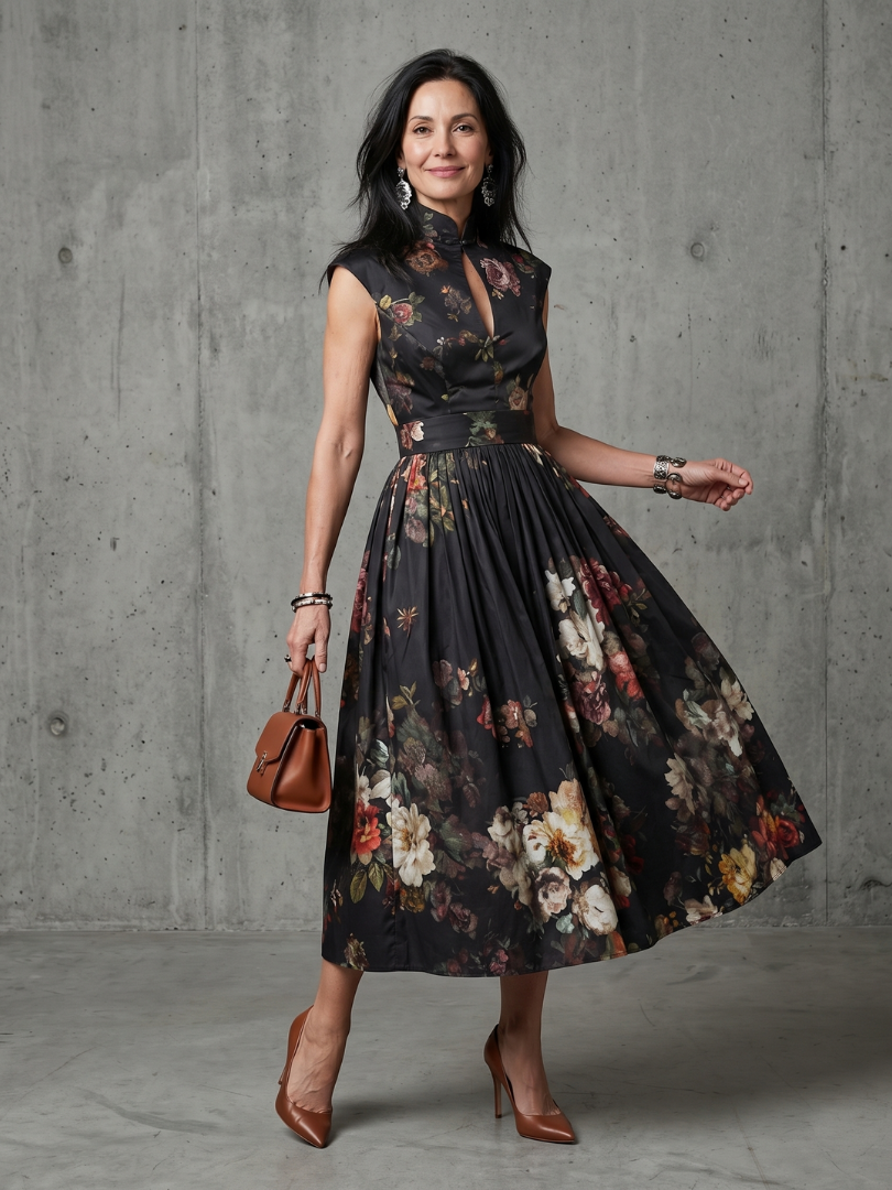 Gaëlle | Robe Midi Plissée Col Montant Clé de Trou