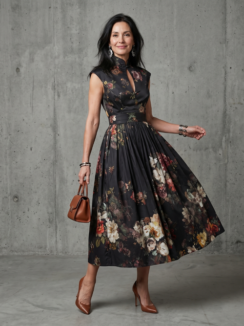 Gaëlle | Robe Midi Plissée Col Montant Clé de Trou