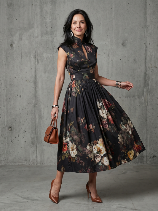 Gaëlle | Robe Midi Plissée Col Montant Clé de Trou