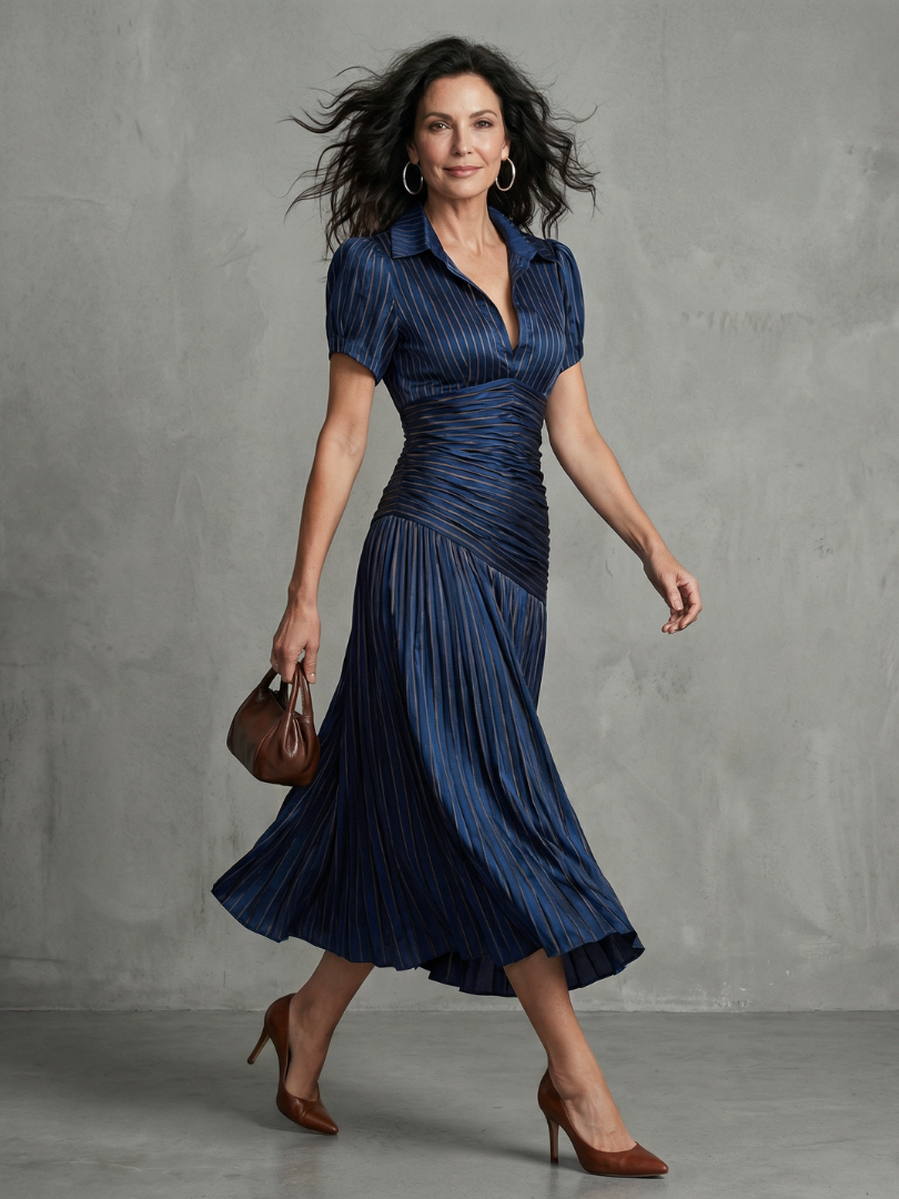 Théodora | Robe Midi Rayée à Taille Plissée