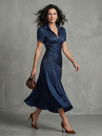 Théodora | Robe Midi Rayée à Taille Plissée