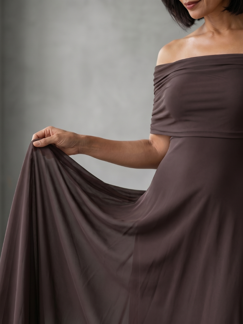 Junie | Robe Midi Drapée Épaules Dénudées
