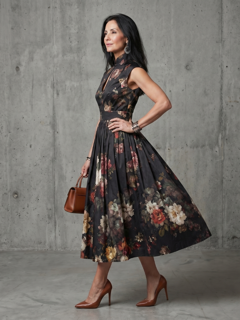 Gaëlle | Robe Midi Plissée Col Montant Clé de Trou