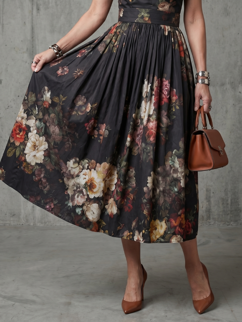 Gaëlle | Robe Midi Plissée Col Montant Clé de Trou