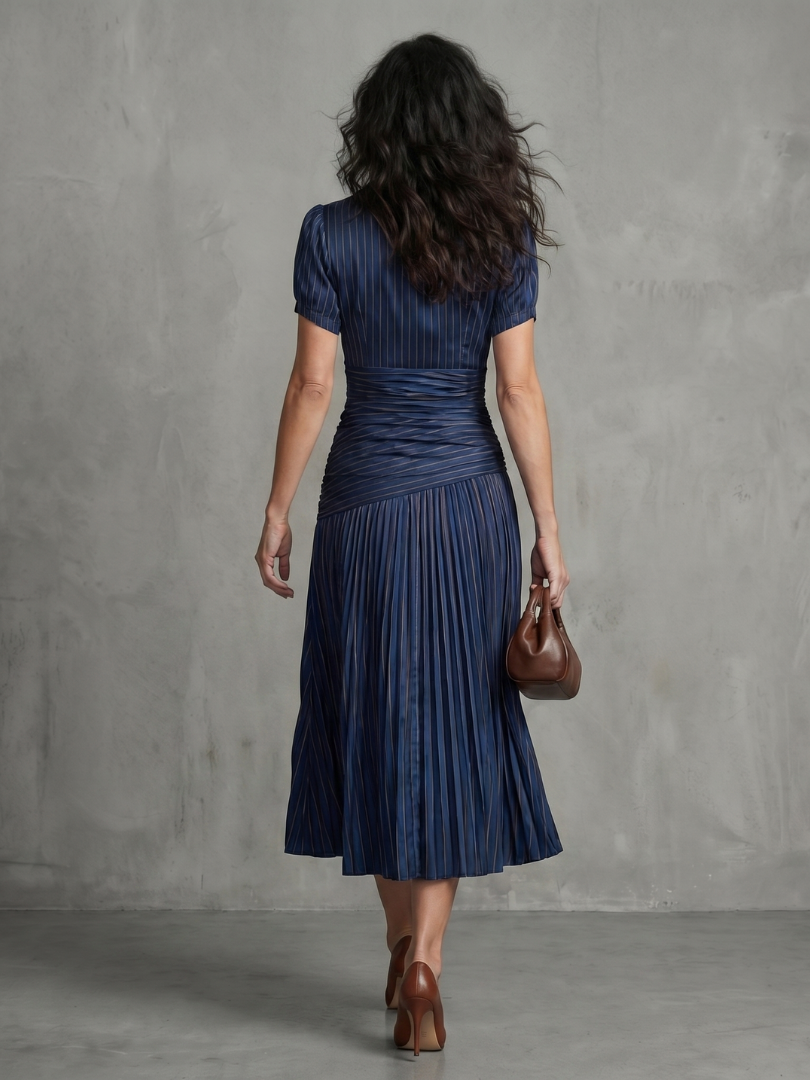 Théodora | Robe Midi Rayée à Taille Plissée