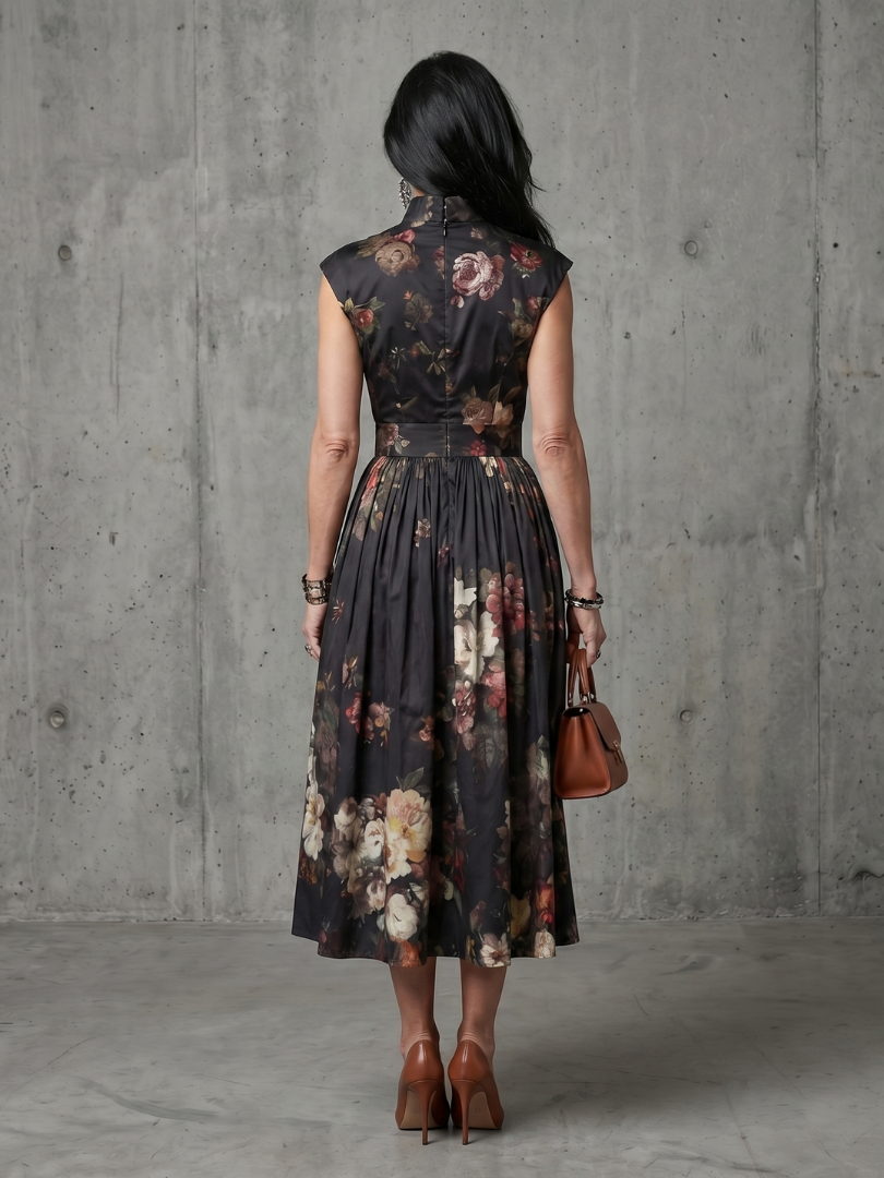 Gaëlle | Robe Midi Plissée Col Montant Clé de Trou