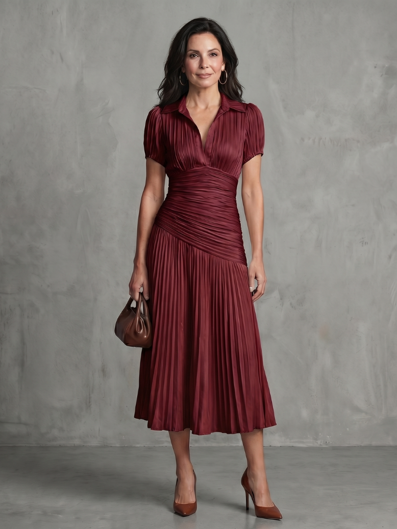 Théodora | Robe Midi Rayée à Taille Plissée