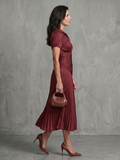 Théodora | Robe Midi Rayée à Taille Plissée