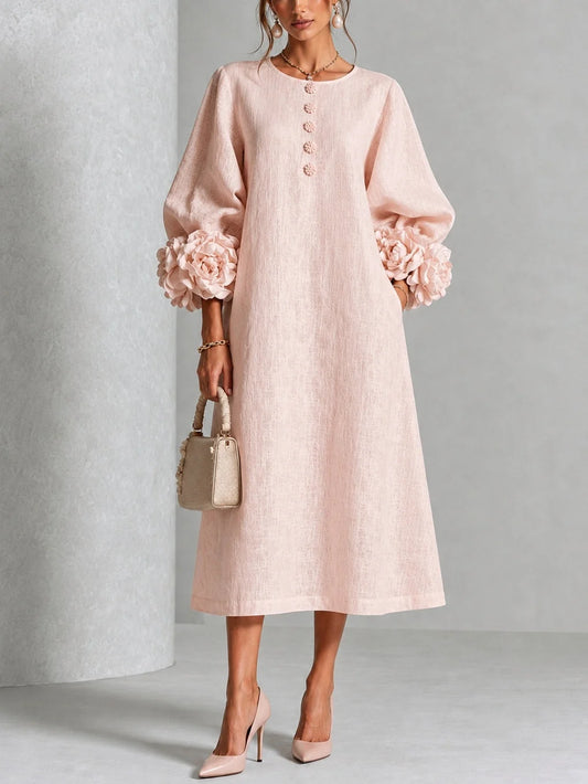 Élise-Robe midi rose à boutons et motif floral